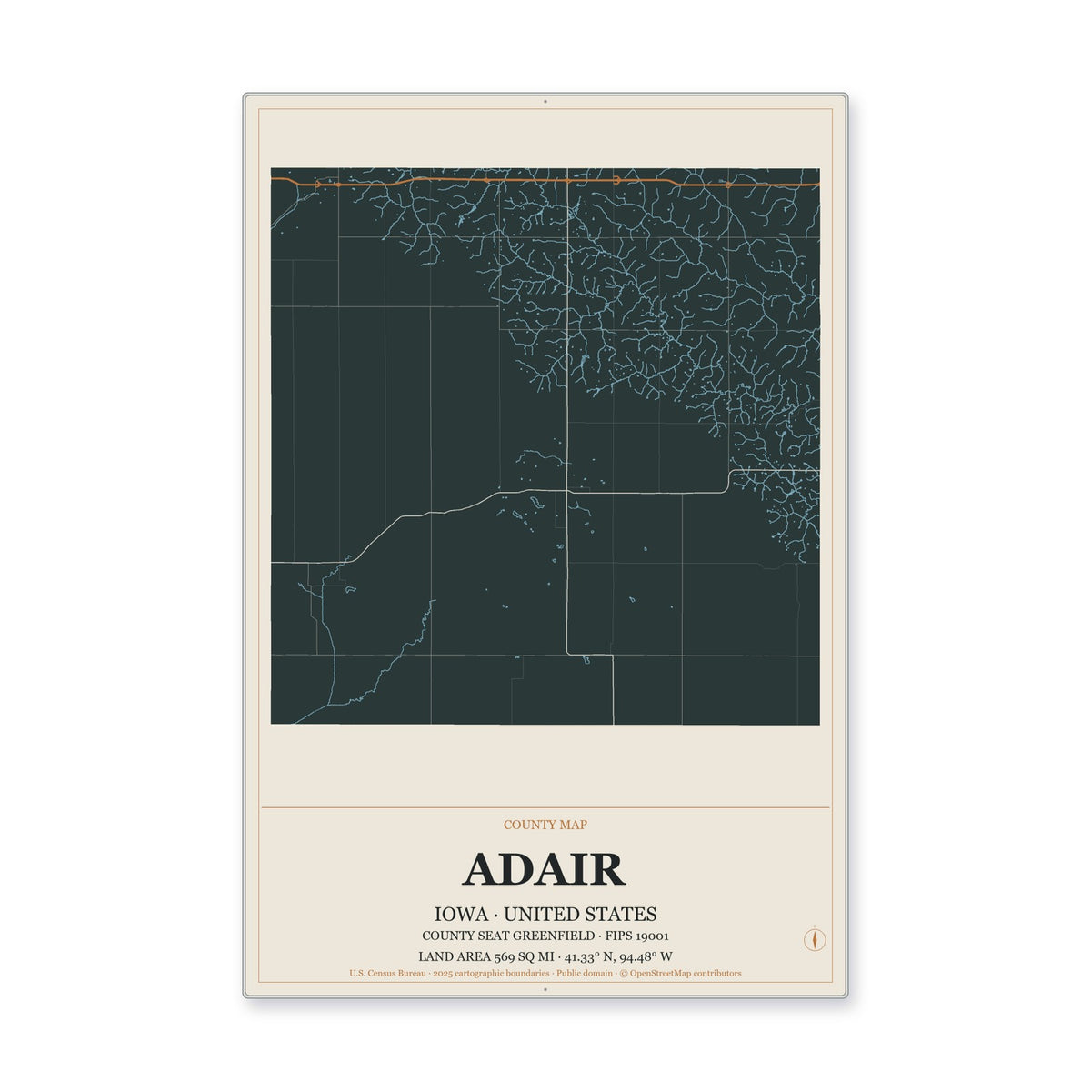 Adair County, Iowa Map Aluminum Sign in Headline Atlas style