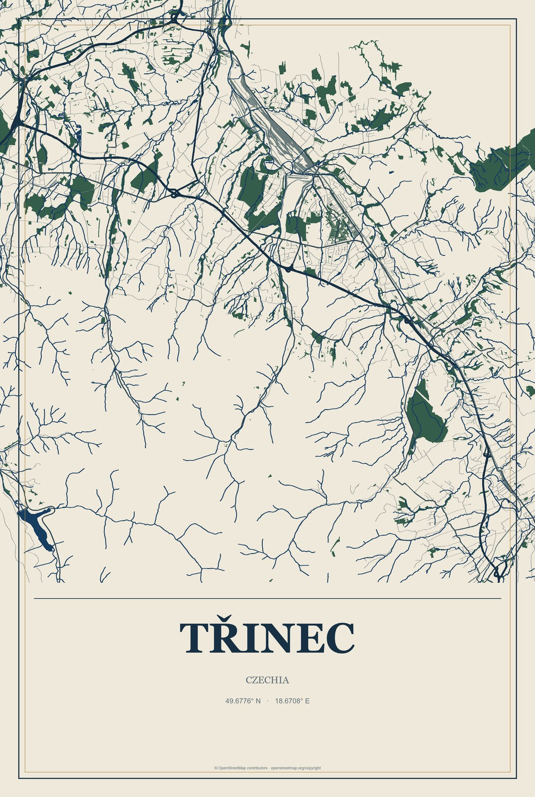 Třinec, Czechia City Map Aluminum Sign in Coastal Cutout style
