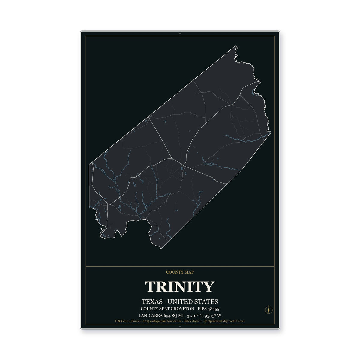 Trinity County, Texas Map Aluminum Sign in Metropolitan Noir style