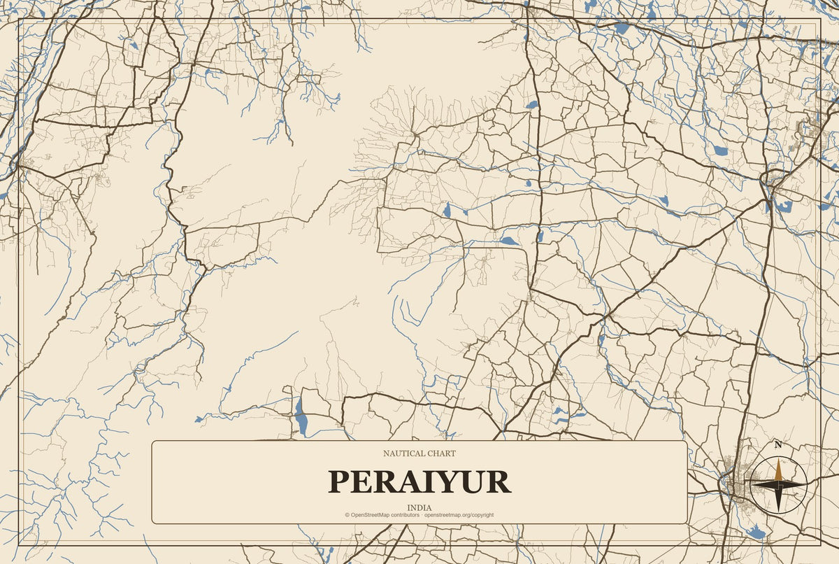 Peraiyur, India City Map Aluminum Sign in Heritage Nautical style