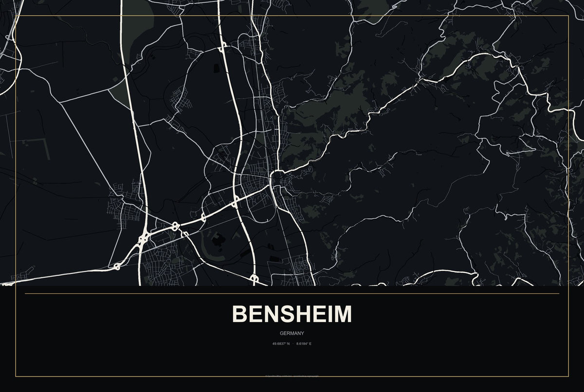 Bensheim, Germany City Map Aluminum Sign in Metropolitan Noir style