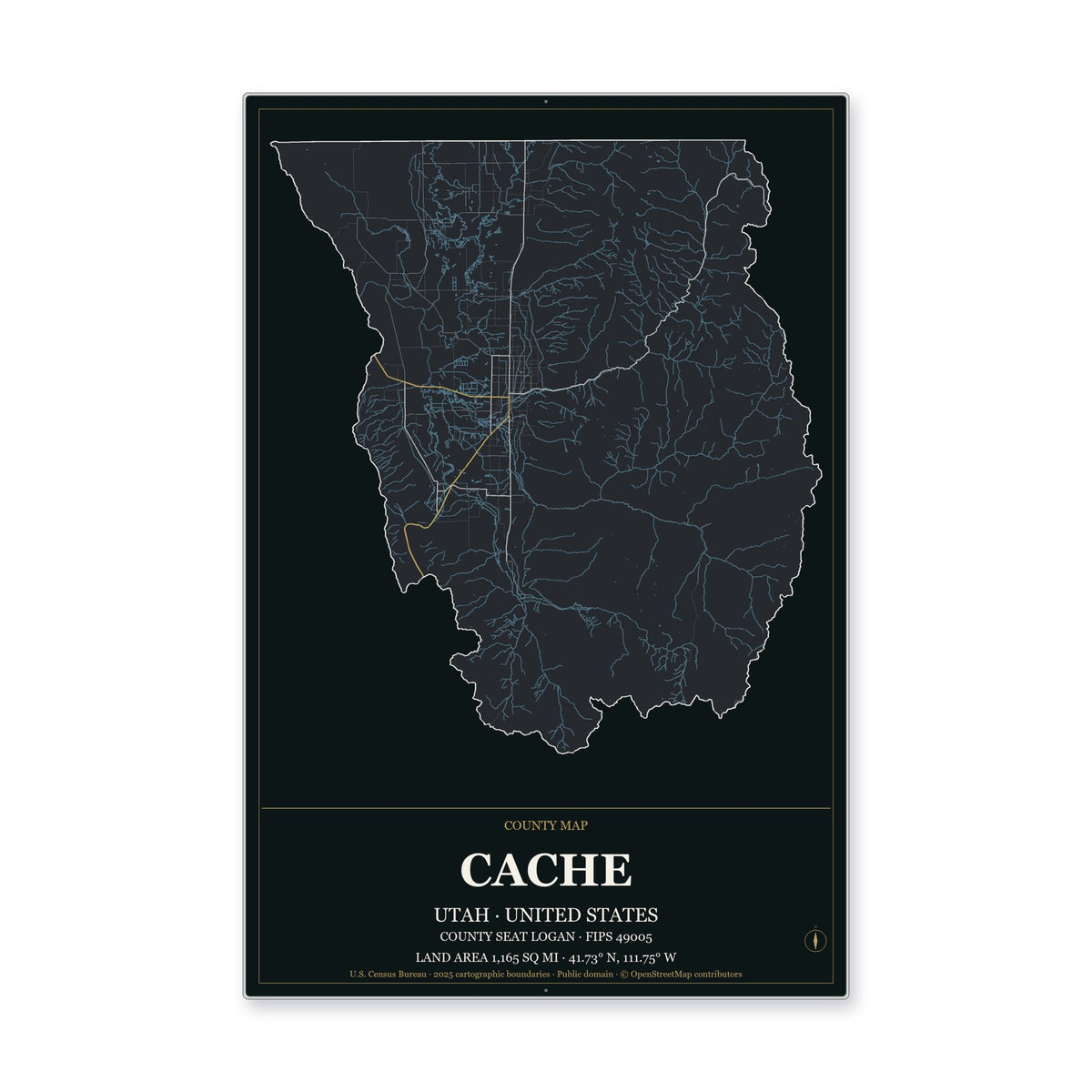 Cache County, Utah Map Aluminum Sign in Metropolitan Noir style