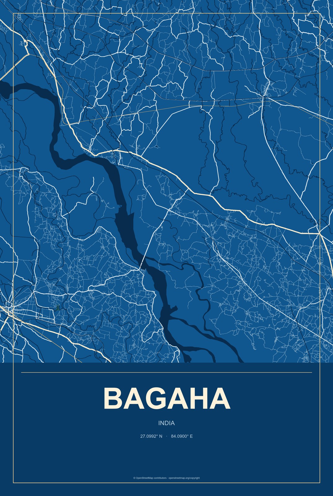 Bagaha, India City Map Aluminum Sign in Harbor Cobalt style