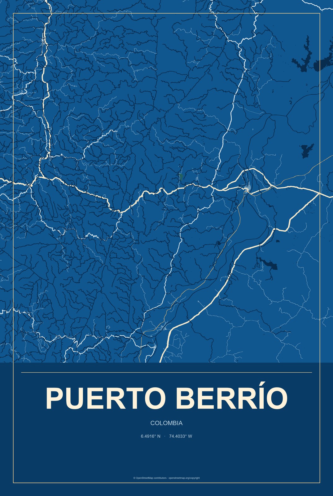 Puerto Berrío, Colombia City Map Aluminum Sign in Harbor Cobalt style