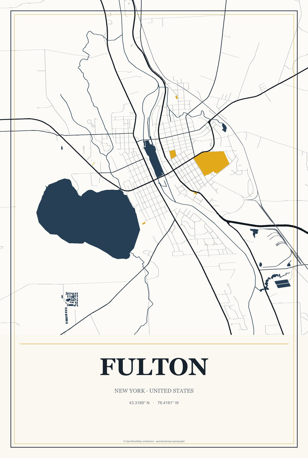 Fulton, New York City Map Aluminum Sign in Citrine Modern style