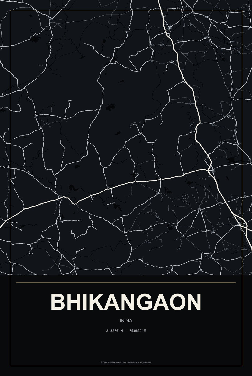 Bhikangaon, India City Map Aluminum Sign in Metropolitan Noir style