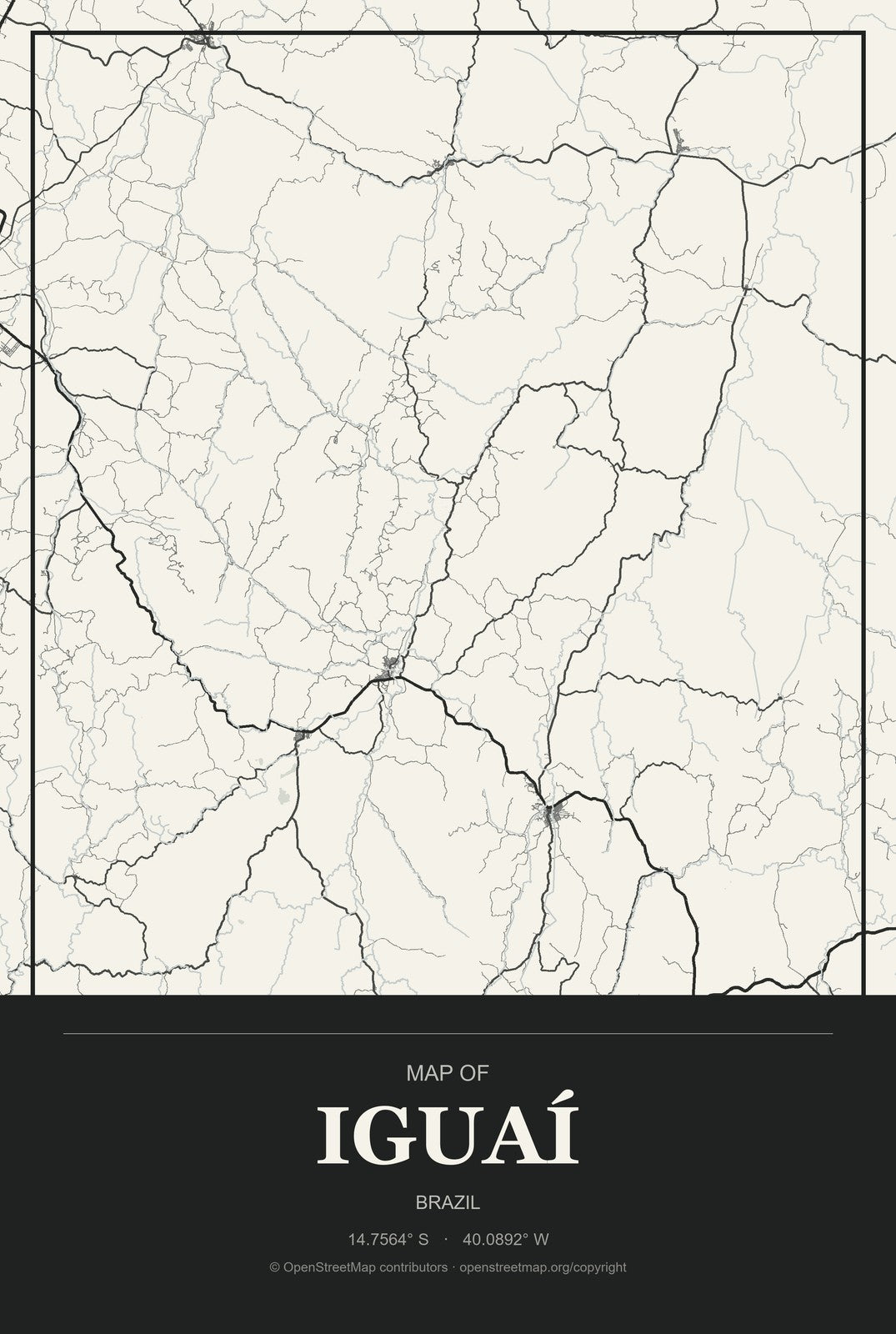 Iguaí, Brazil City Map Aluminum Sign in Museum Plaque style