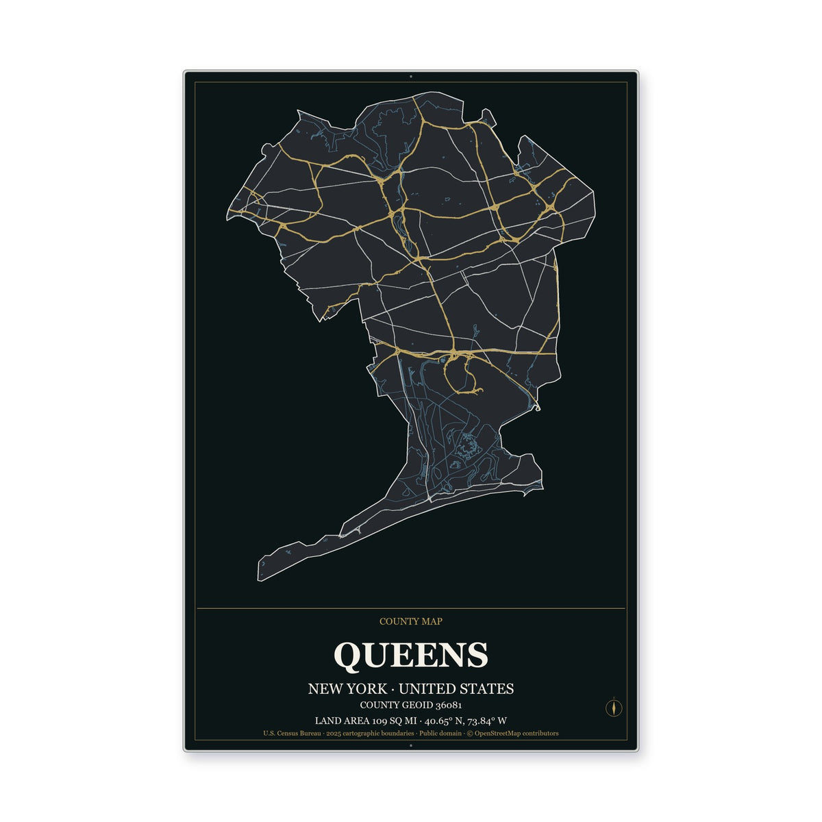 Queens County, New York Map Aluminum Sign in Metropolitan Noir style