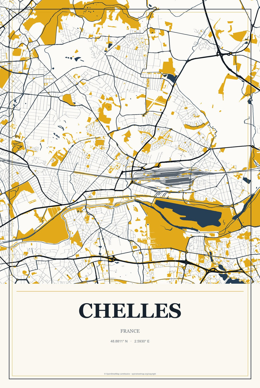 Chelles, France City Map Aluminum Sign in Citrine Modern style
