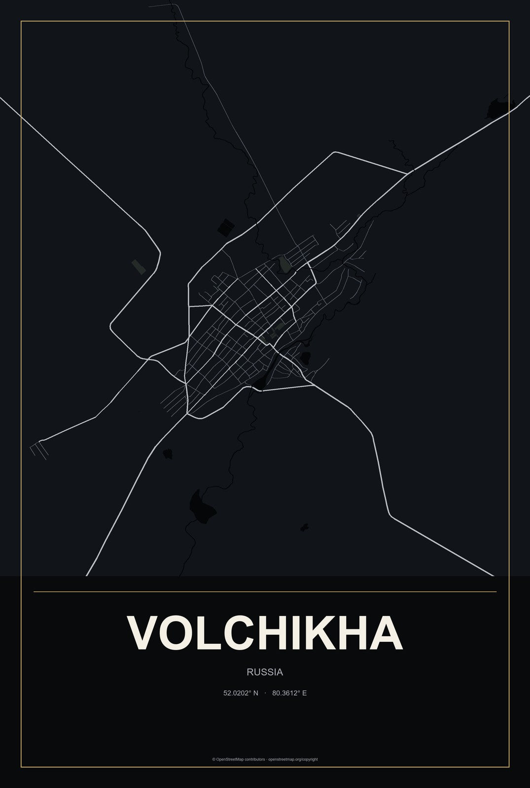 Volchikha, Russia City Map Aluminum Sign in Metropolitan Noir style