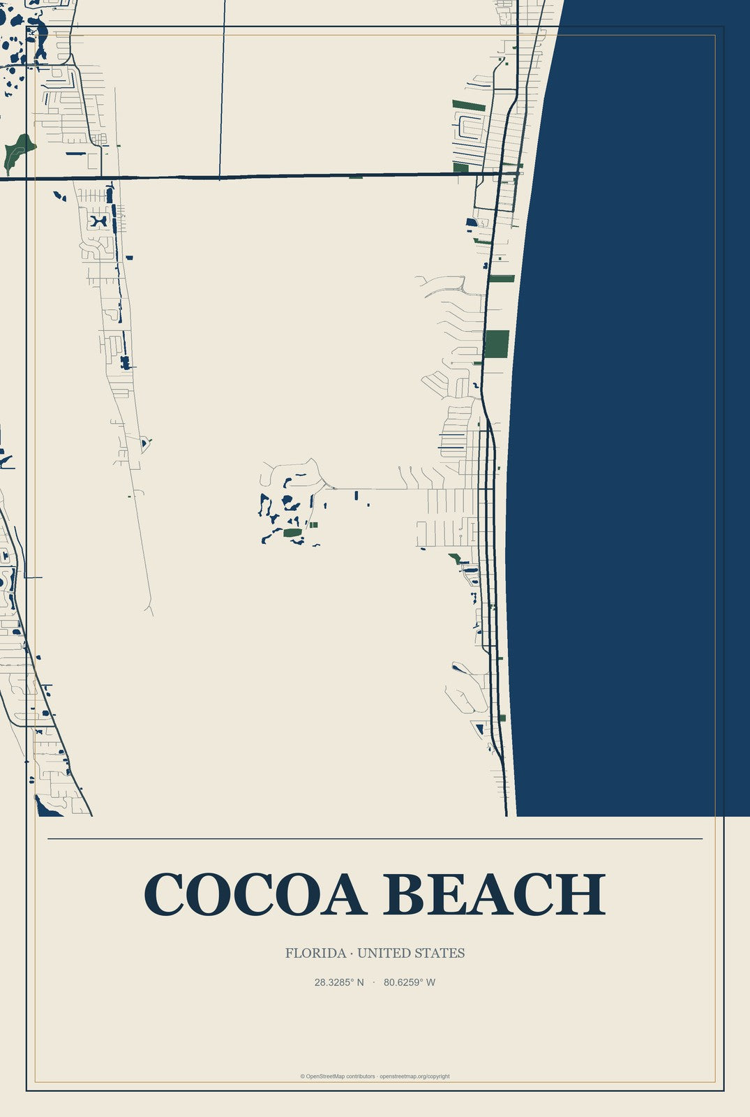 Cocoa Beach, Florida City Map Aluminum Sign in Coastal Cutout style