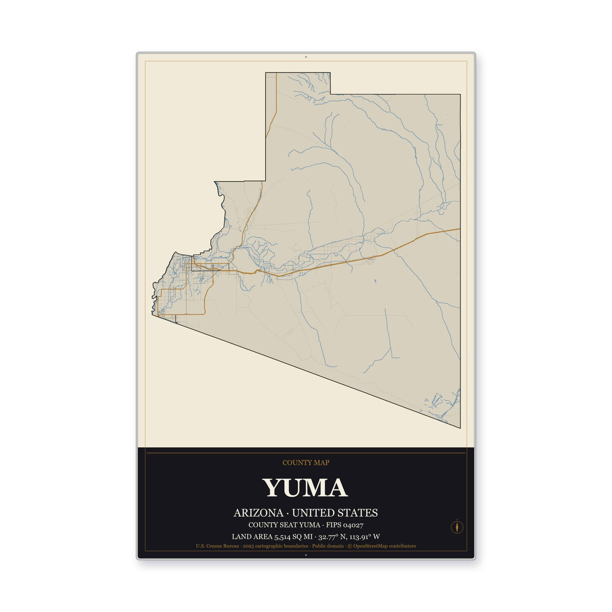 Yuma County, Arizona Map Aluminum Sign in Museum Plaque style