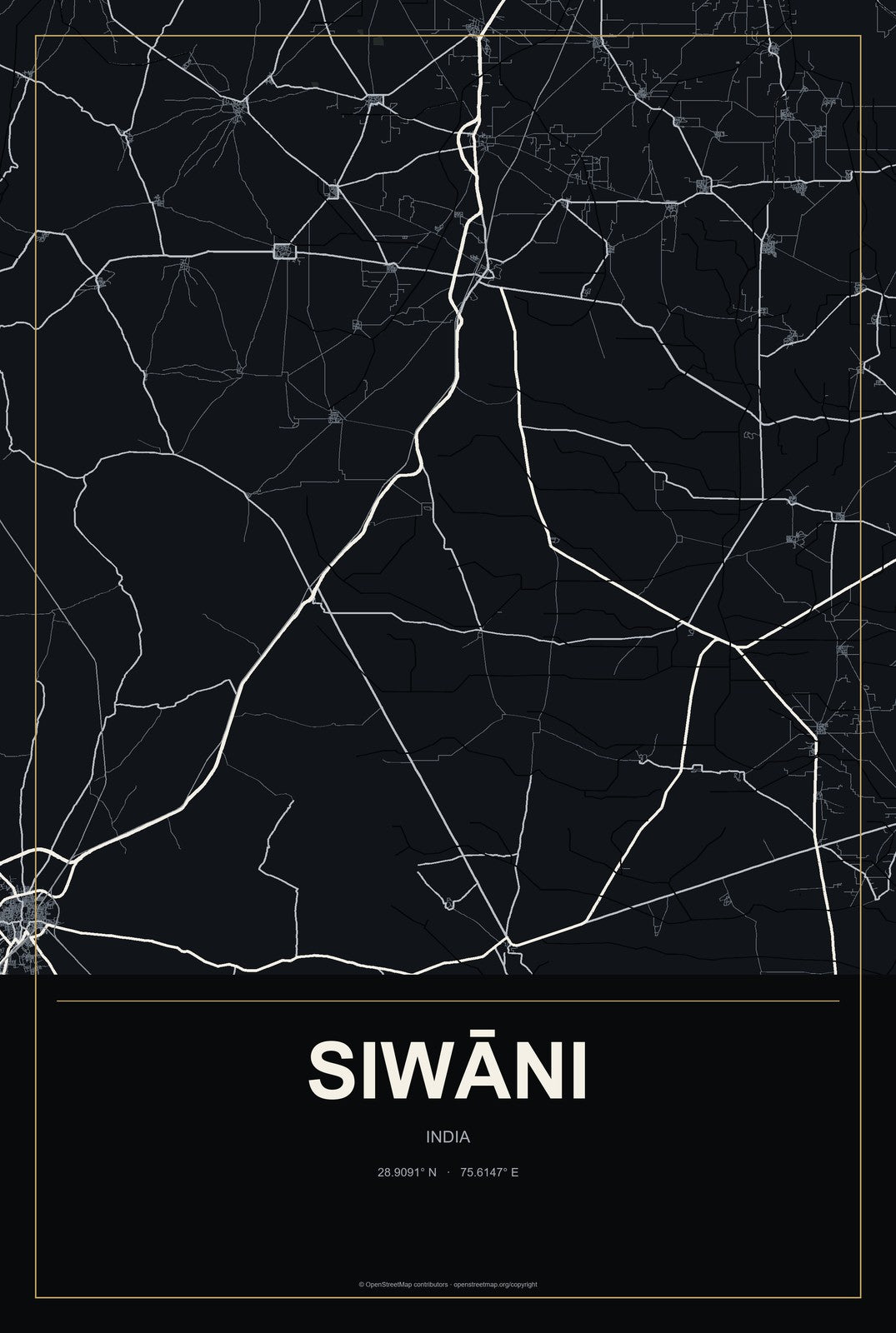 Siwāni, India City Map Aluminum Sign in Metropolitan Noir style