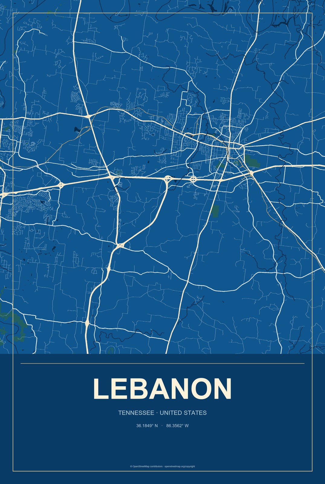 Lebanon, Tennessee City Map Aluminum Sign in Harbor Cobalt style