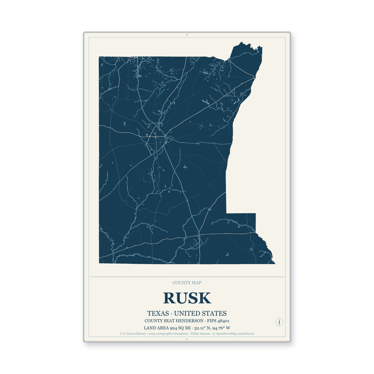 Rusk County, Texas Map Aluminum Sign in Coastal Cutout style