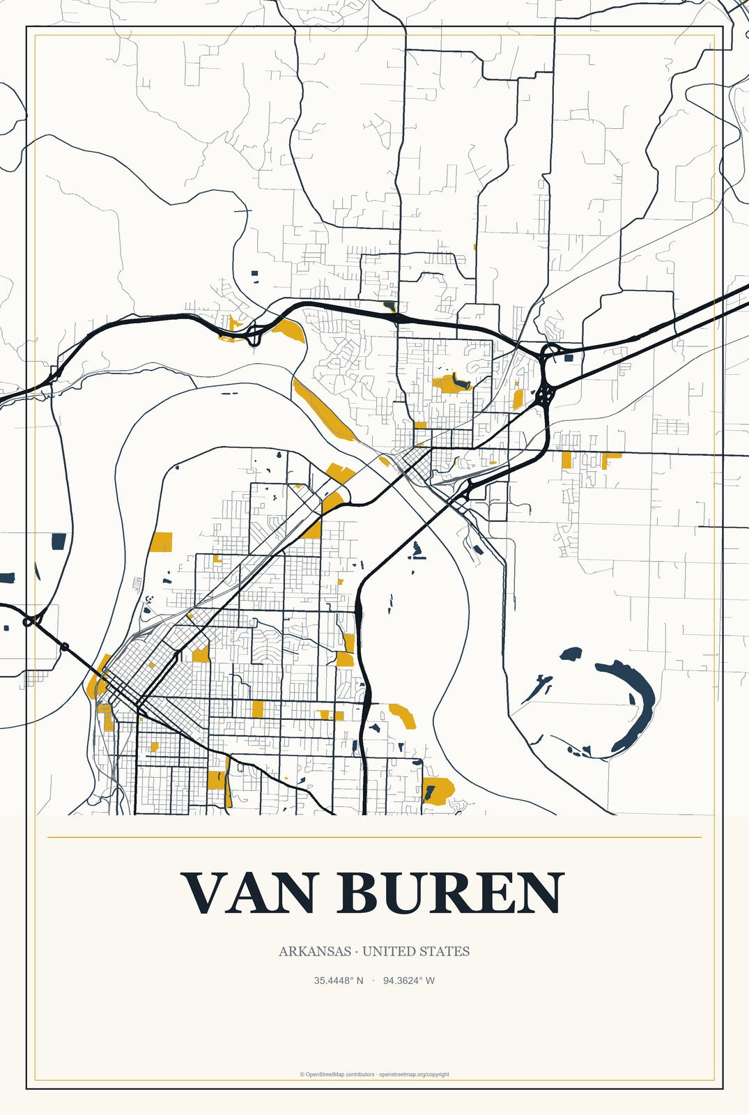 Van Buren, Arkansas City Map Aluminum Sign in Citrine Modern style