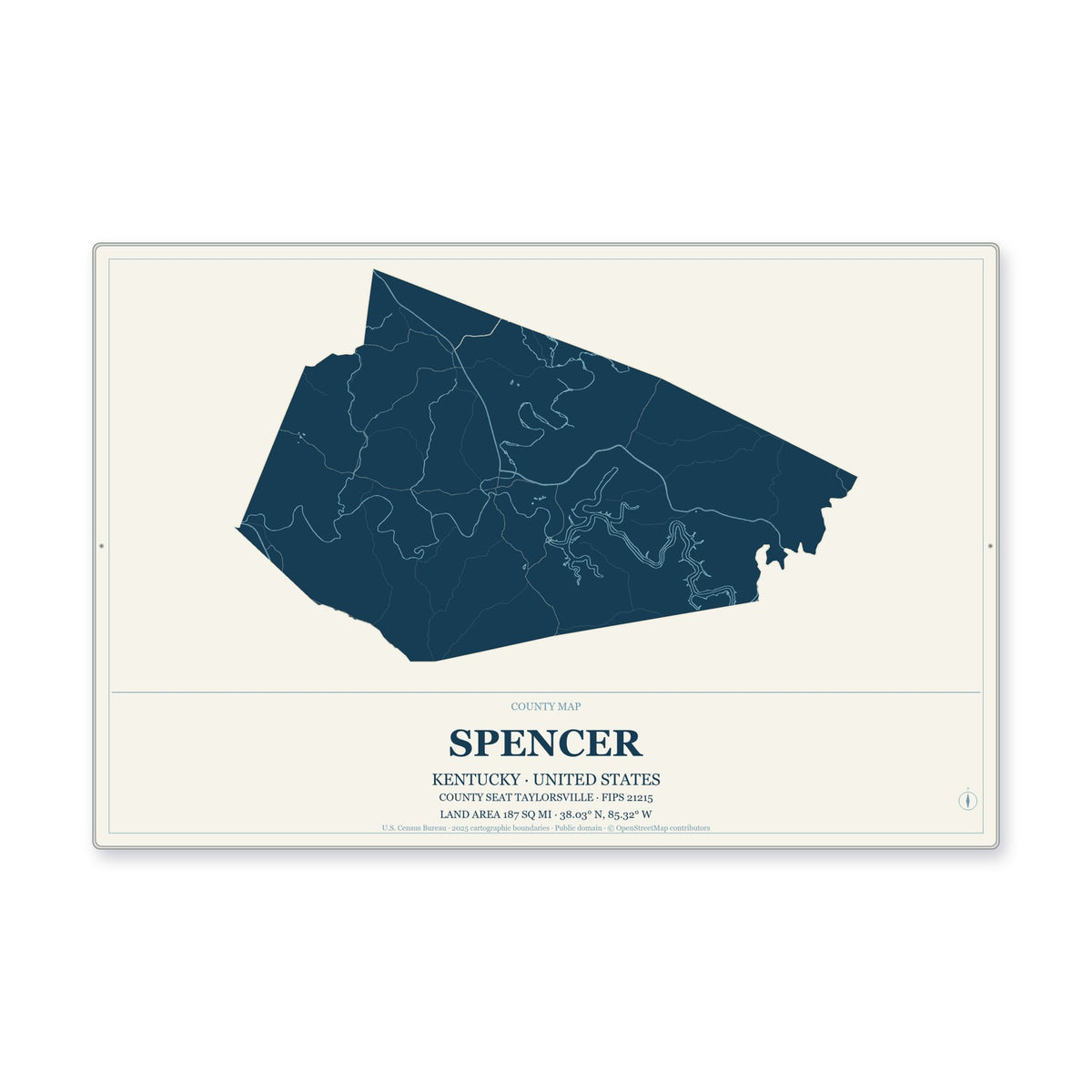 Spencer County, Kentucky Map Aluminum Sign in Coastal Cutout style