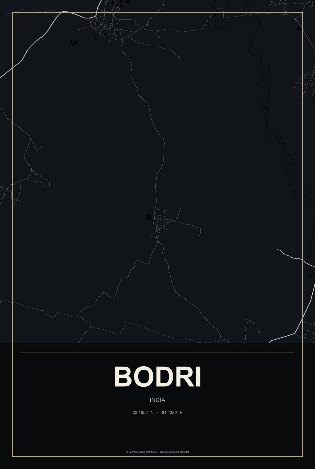 Bodri, India City Map Aluminum Sign in Metropolitan Noir style