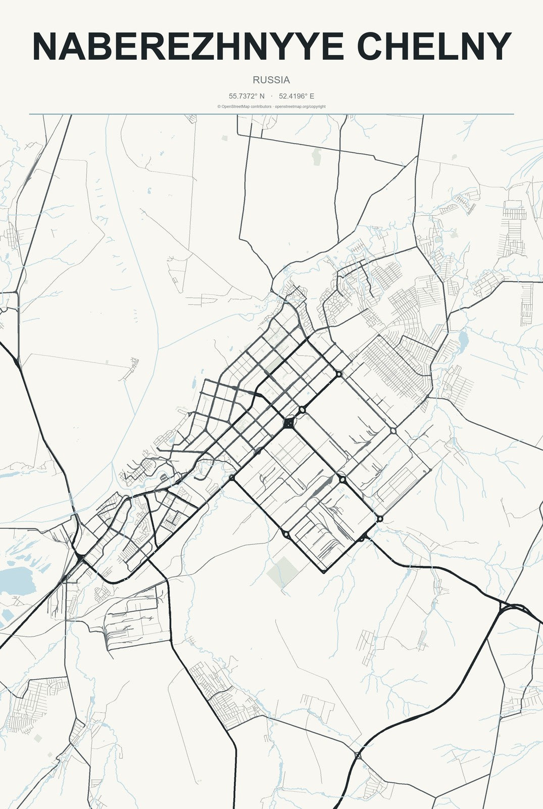 Naberezhnyye Chelny, Russia City Map Aluminum Sign in Headline Atlas style