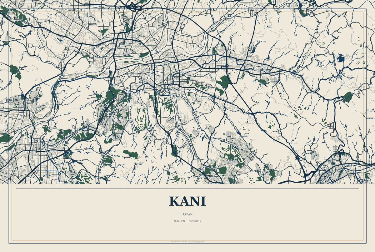 Kani, Japan City Map Aluminum Sign in Coastal Cutout style