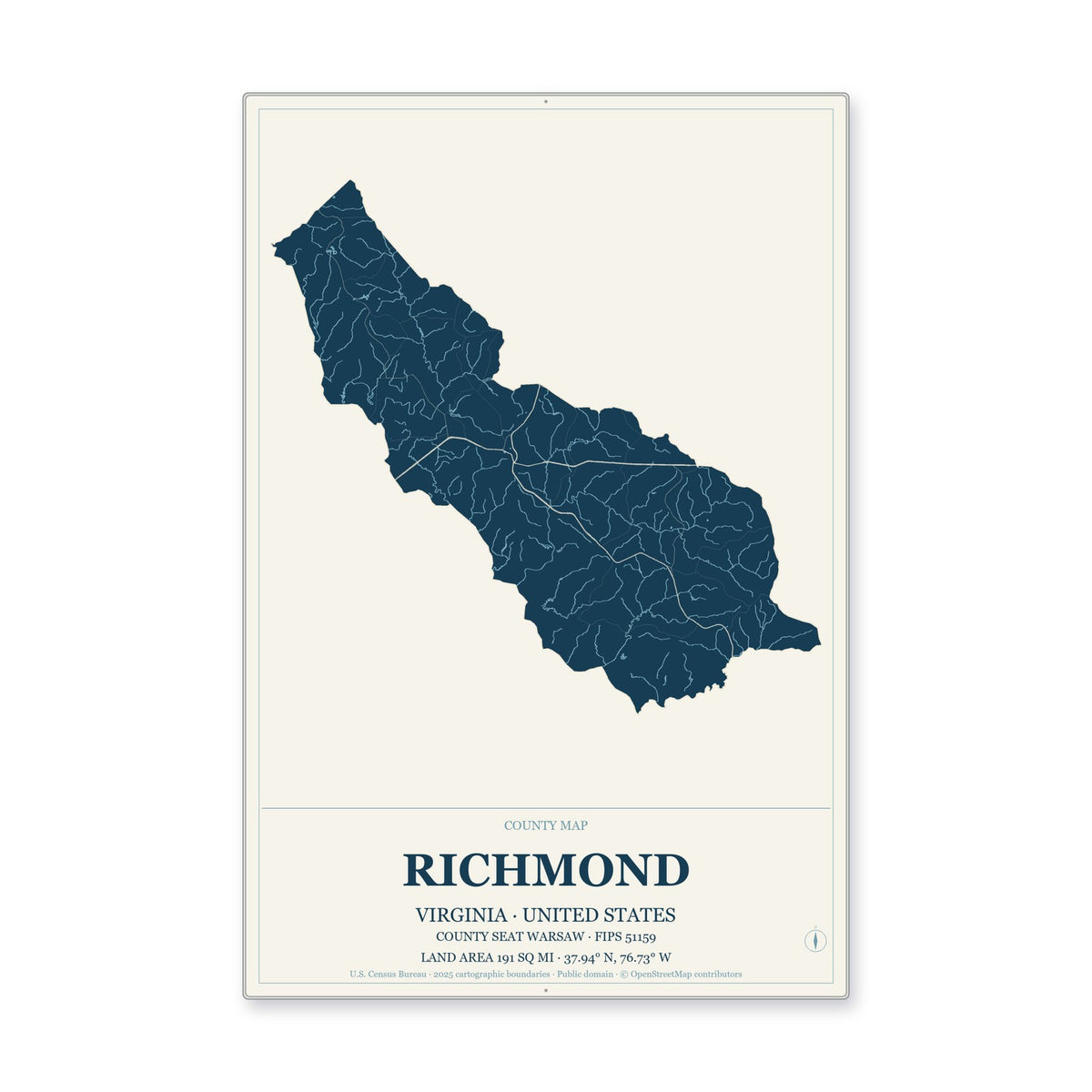 Richmond County, Virginia Map Aluminum Sign in Coastal Cutout style