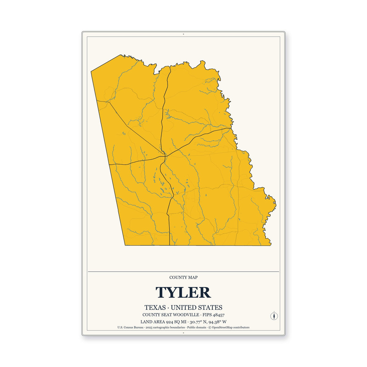Tyler County, Texas Map Aluminum Sign in Citrine Modern style