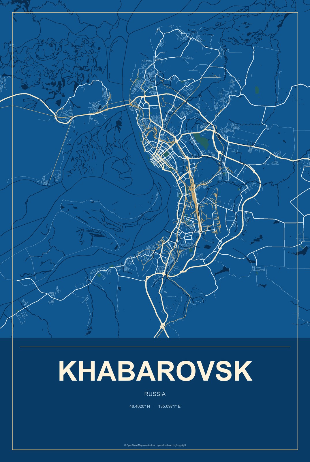 Khabarovsk, Russia City Map Aluminum Sign in Harbor Cobalt style