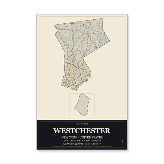 Westchester County, New York Map Aluminum Sign in Museum Plaque style