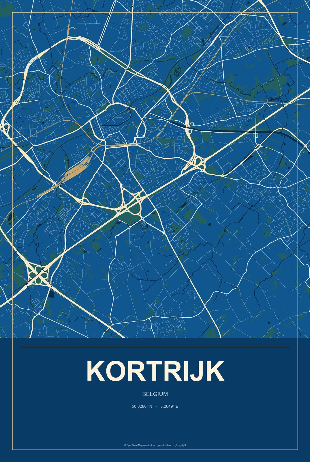 Kortrijk, Belgium City Map Aluminum Sign in Harbor Cobalt style