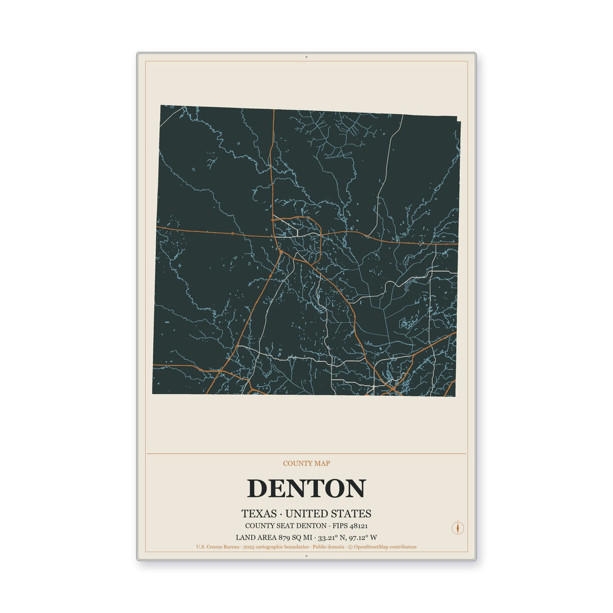 Denton County, Texas Map Aluminum Sign in Headline Atlas style