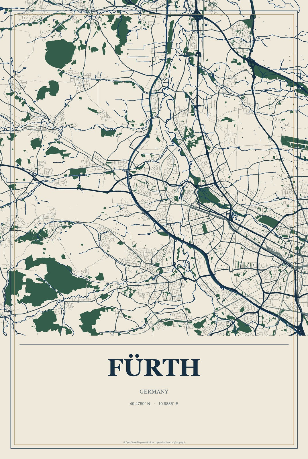 Fürth, Bavaria, Germany City Map Aluminum Sign in Coastal Cutout style