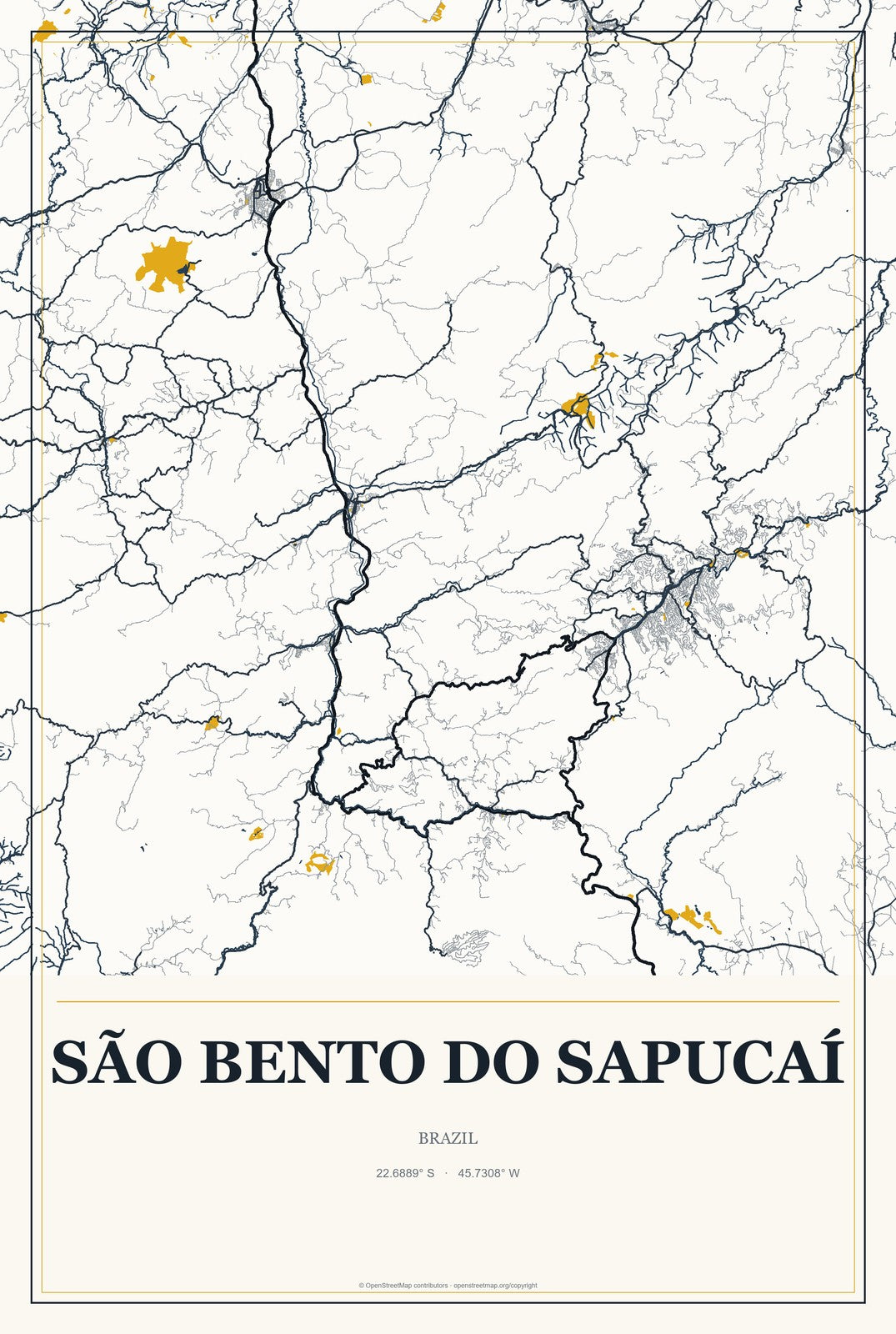 São Bento do Sapucaí, Brazil City Map Aluminum Sign in Citrine Modern style