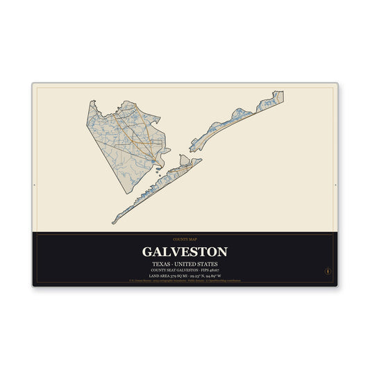Galveston County, Texas Map Aluminum Sign in Museum Plaque style
