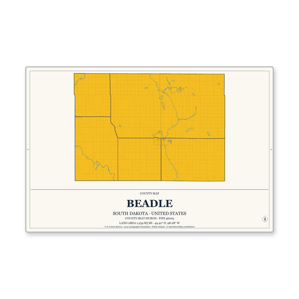 Beadle County, South Dakota Map Aluminum Sign in Citrine Modern style