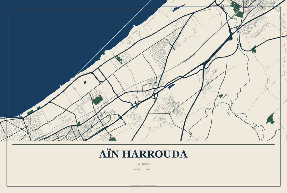 Aïn Harrouda, Morocco City Map Aluminum Sign in Coastal Cutout style