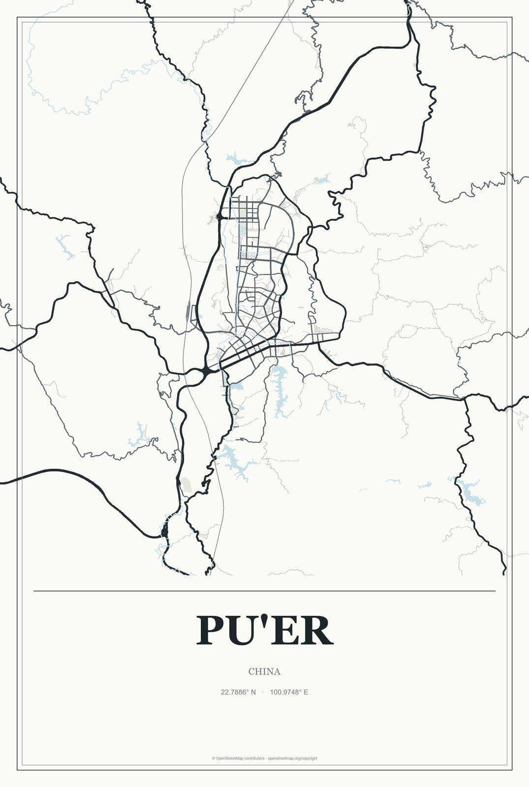 Pu'er, China City Map Aluminum Sign in Gallery Air style