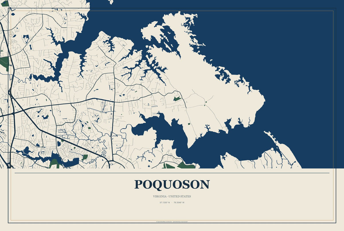 Poquoson, Virginia City Map Aluminum Sign in Coastal Cutout style