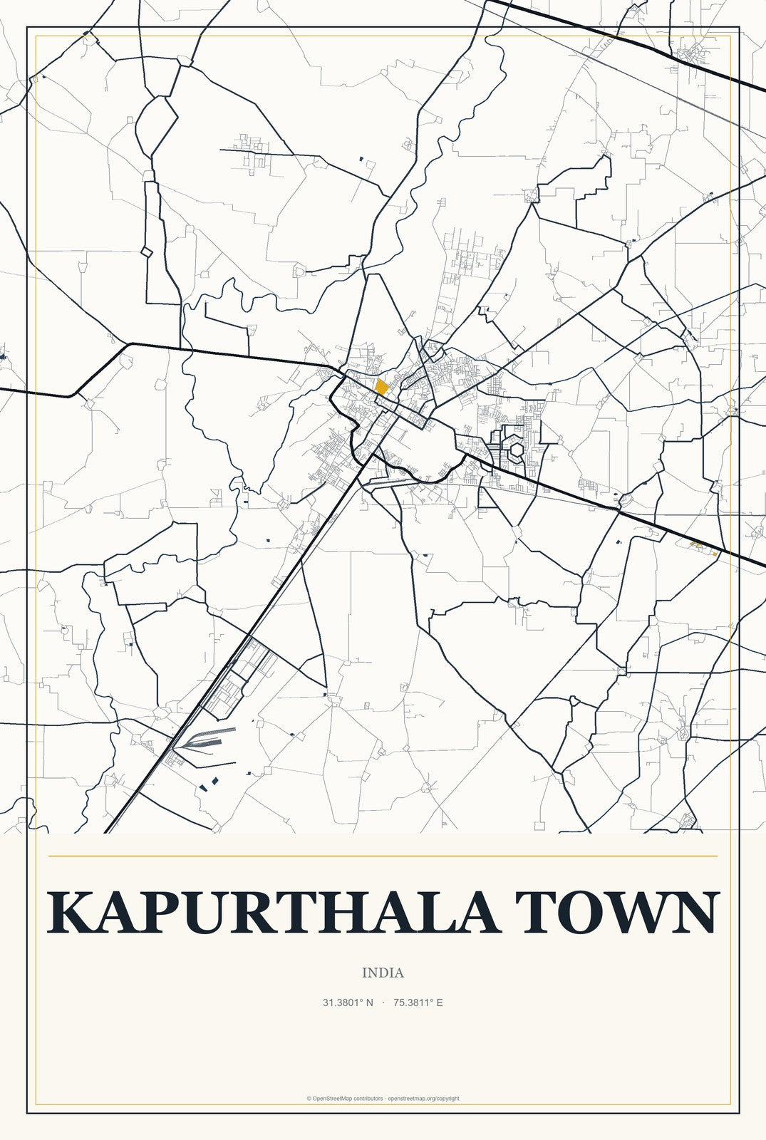 Kapurthala Town, India City Map Aluminum Sign in Citrine Modern style