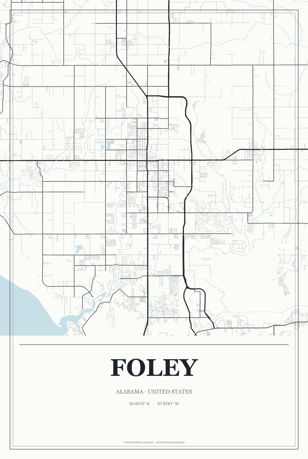 Foley, Alabama City Map Aluminum Sign in Gallery Air style