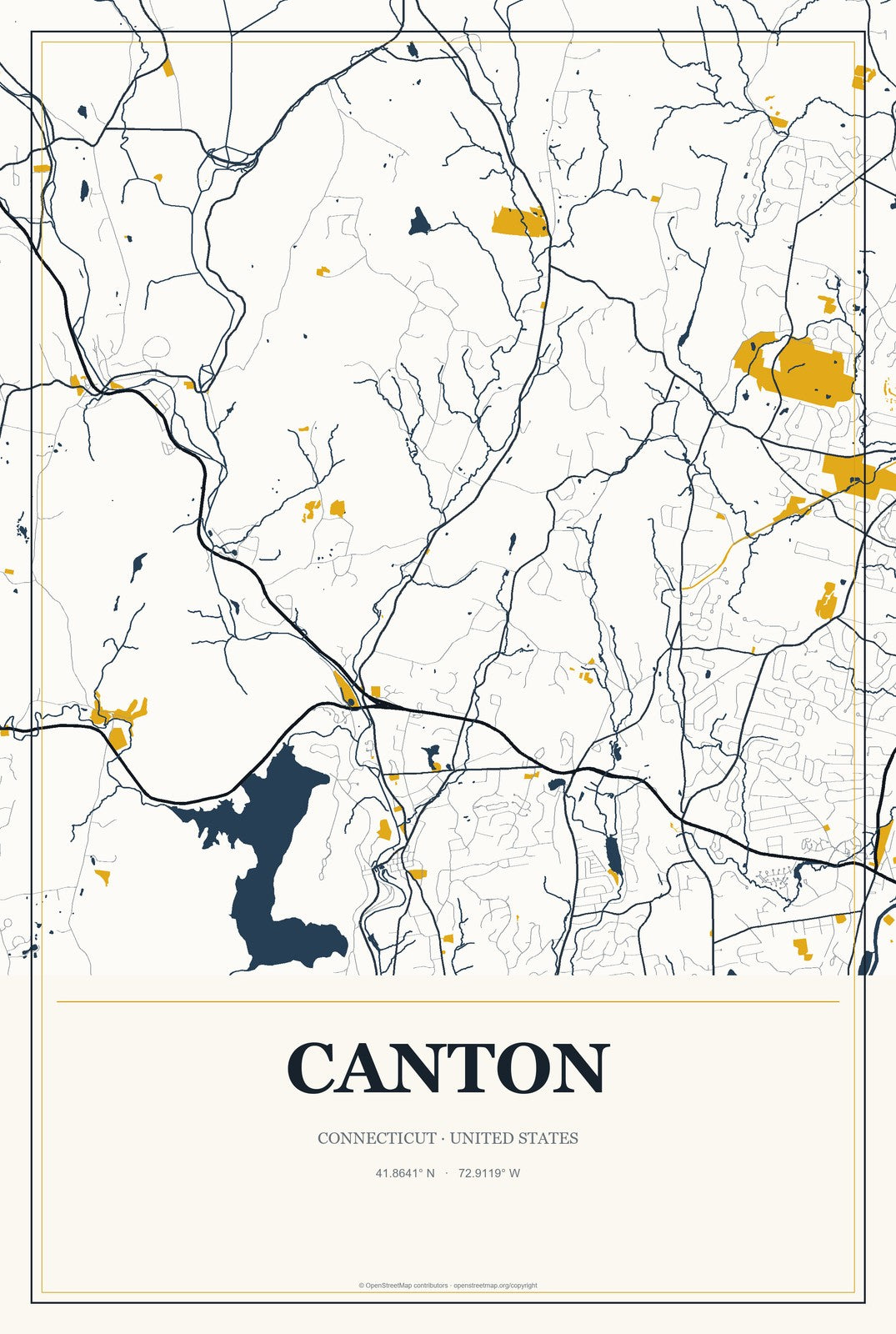 Canton, Connecticut City Map Aluminum Sign in Citrine Modern style
