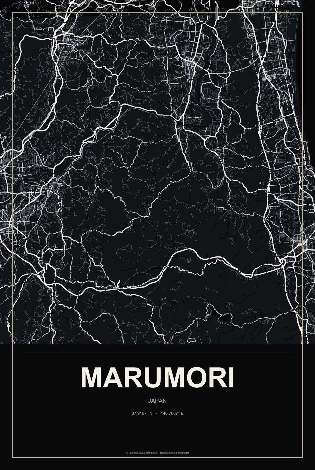 Marumori, Japan City Map Aluminum Sign in Metropolitan Noir style