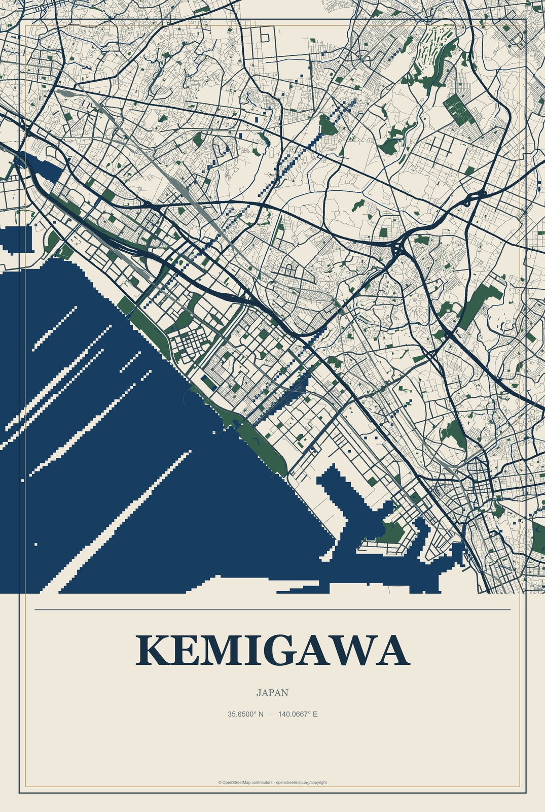 Kemigawa, Japan City Map Aluminum Sign in Coastal Cutout style