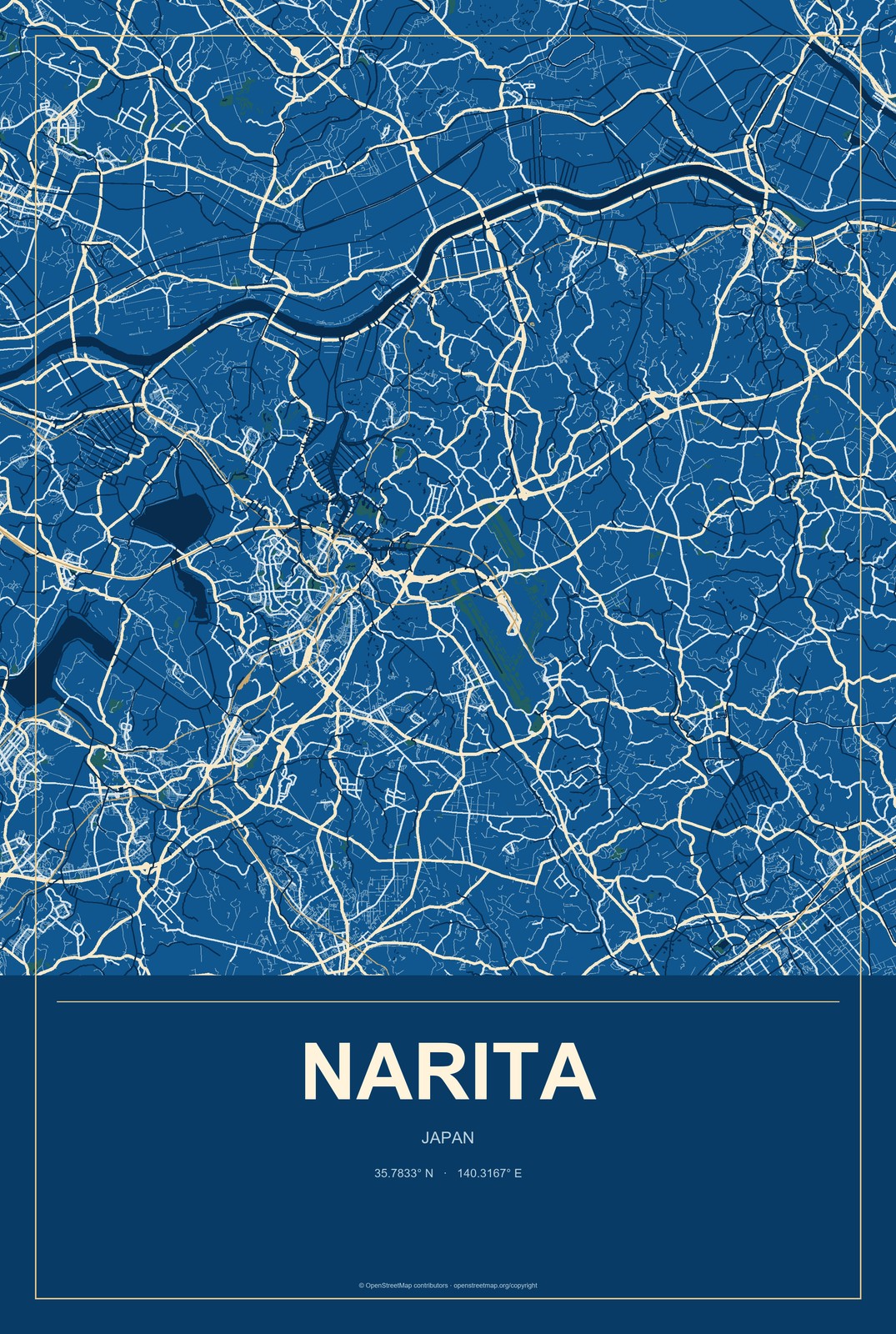 Narita, Japan City Map Aluminum Sign in Harbor Cobalt style