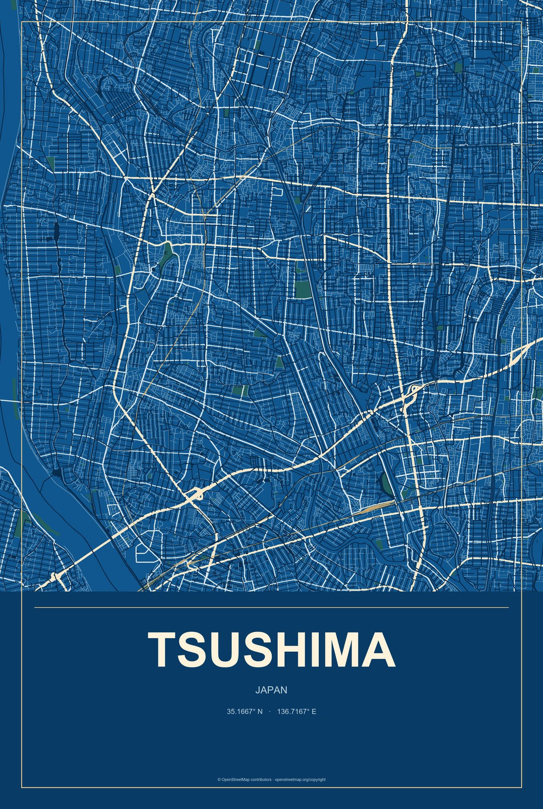 Tsushima, Aichi, Japan City Map Aluminum Sign in Harbor Cobalt style