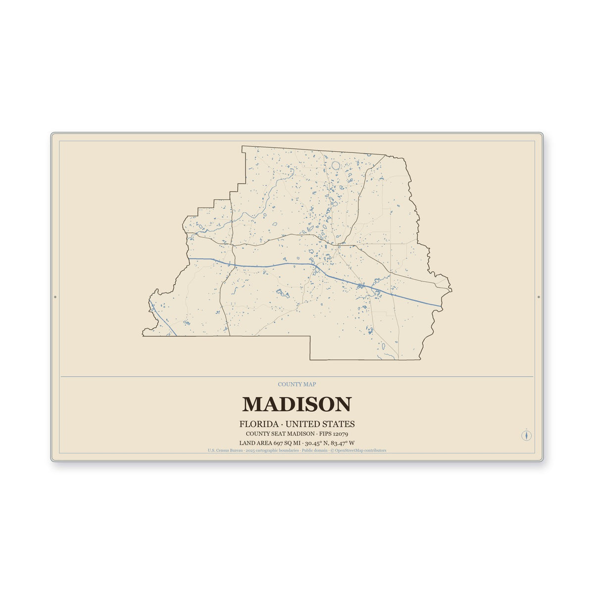 Madison County, Florida Map Aluminum Sign in Heritage Nautical style
