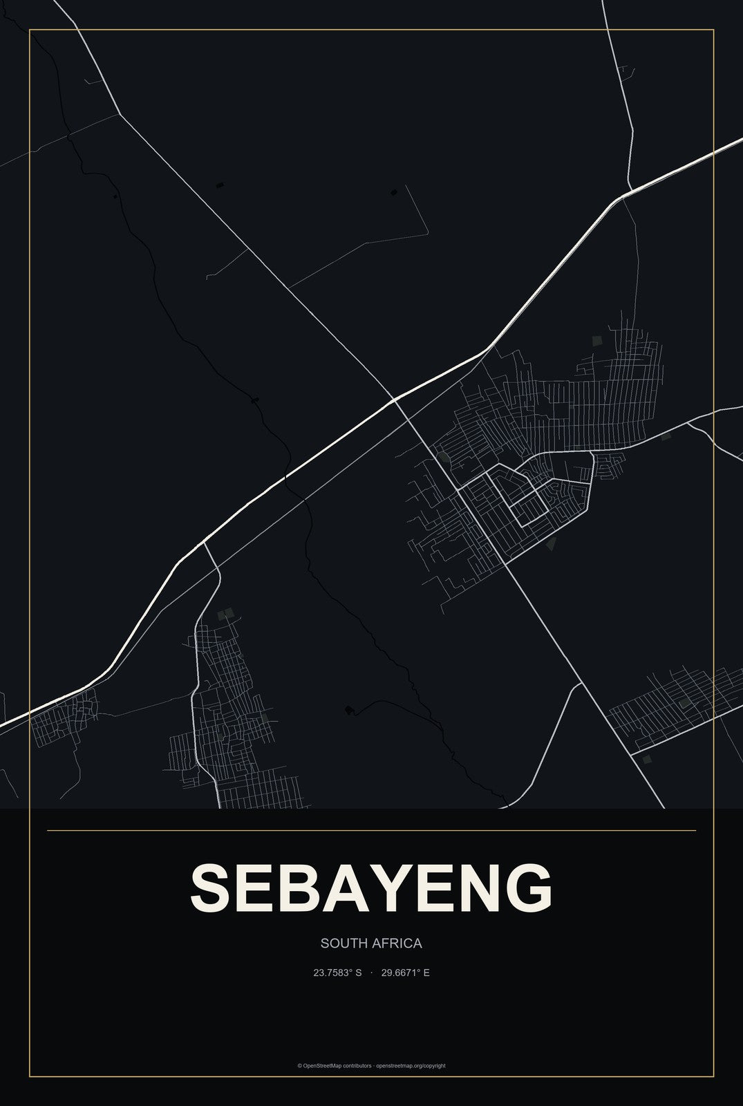 Sebayeng, South Africa City Map Aluminum Sign in Metropolitan Noir style