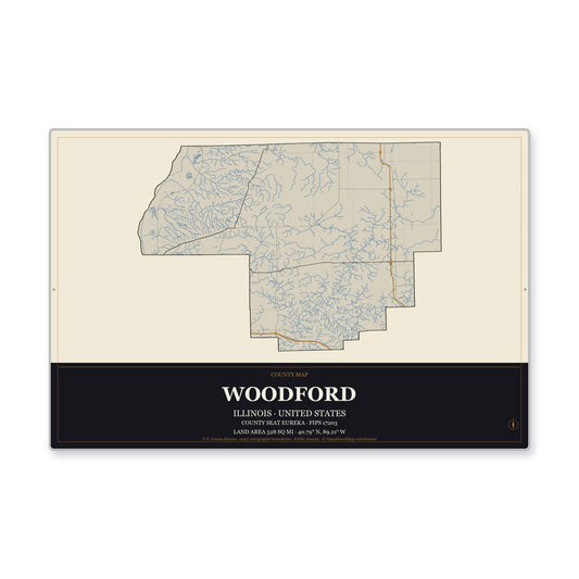 Woodford County, Illinois Map Aluminum Sign in Museum Plaque style