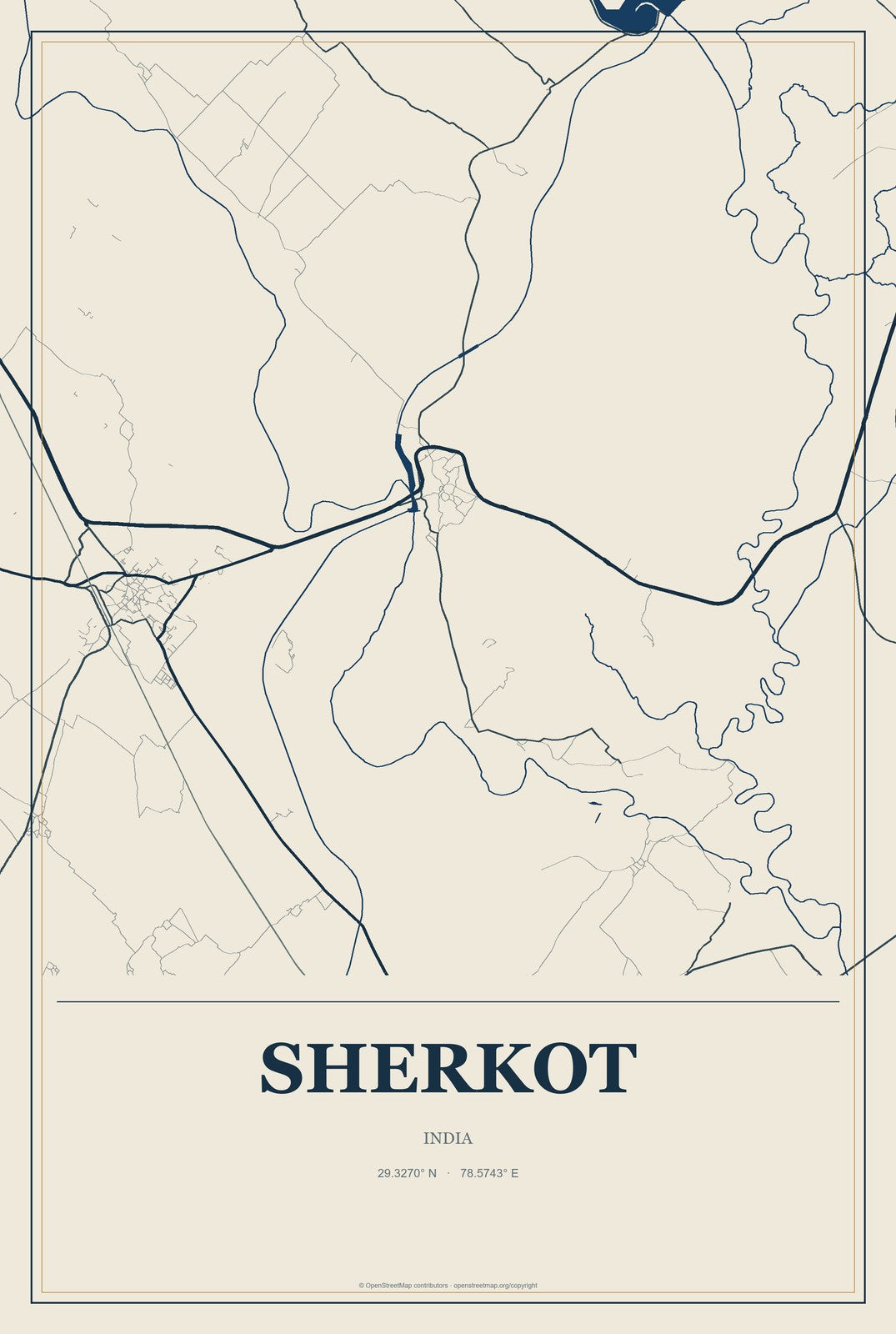 Sherkot, India City Map Aluminum Sign in Coastal Cutout style