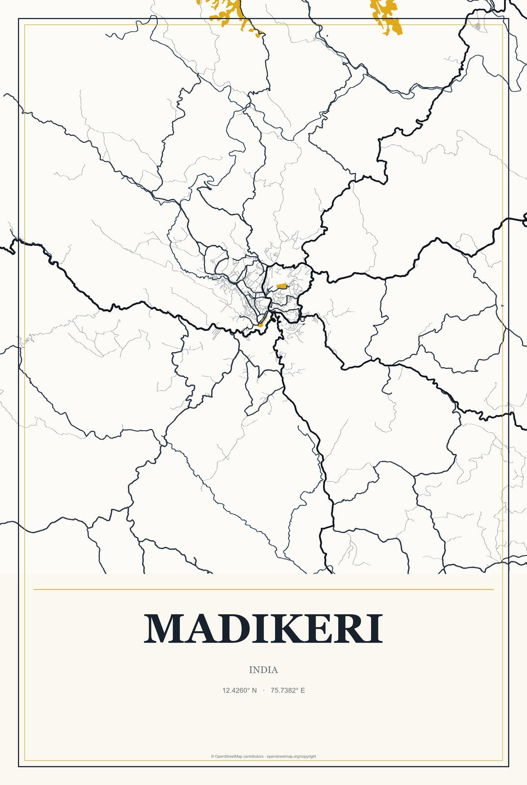 Madikeri, India City Map Aluminum Sign in Citrine Modern style