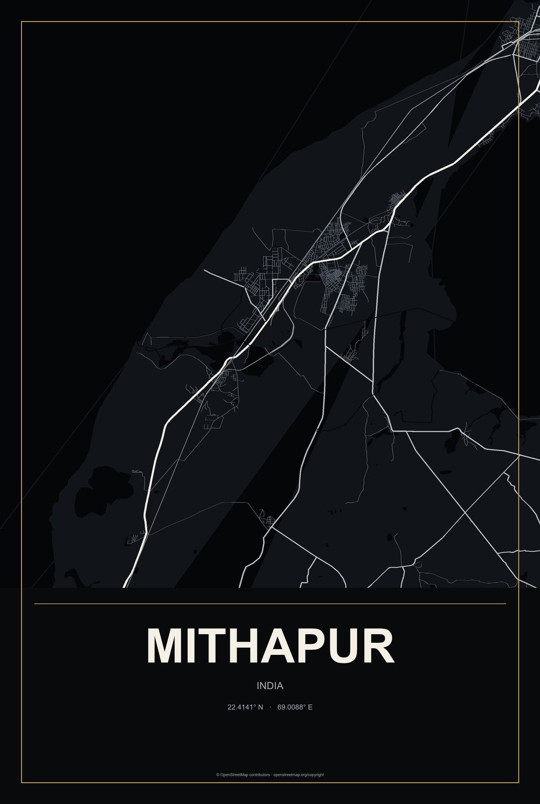 Mithapur, India City Map Aluminum Sign in Metropolitan Noir style
